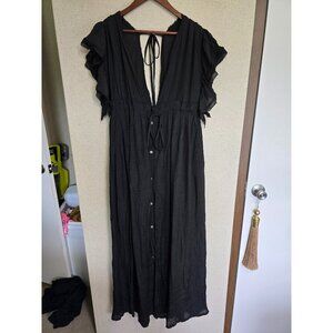Peach Love Black Flowy Maxi Dress Plunging Neckline Flutter Sleeves Button Down
